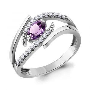 Кольцо ЖИВОЙ КАМЕНЬ  серебро с фианитом и аметистом 65005304А